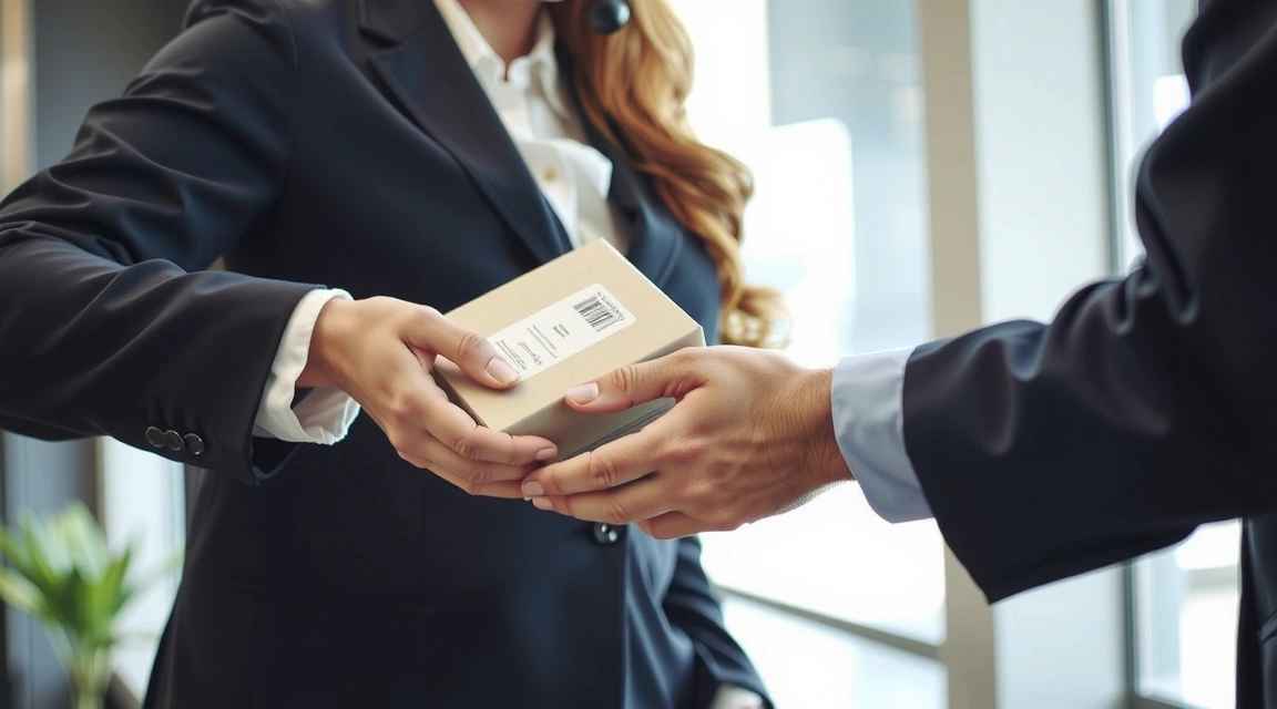 Un cliente feliz recibiendo un reembolso o un nuevo producto, simbolizando la confianza y el buen servicio postventa.