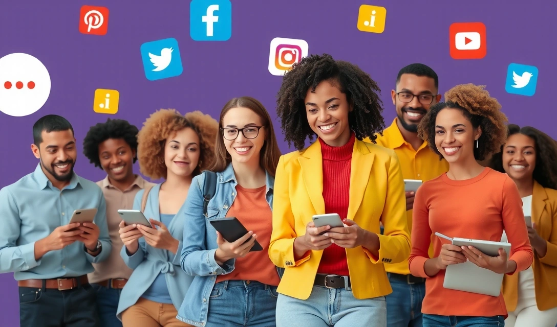 Personas interactuando con redes sociales y tecnología