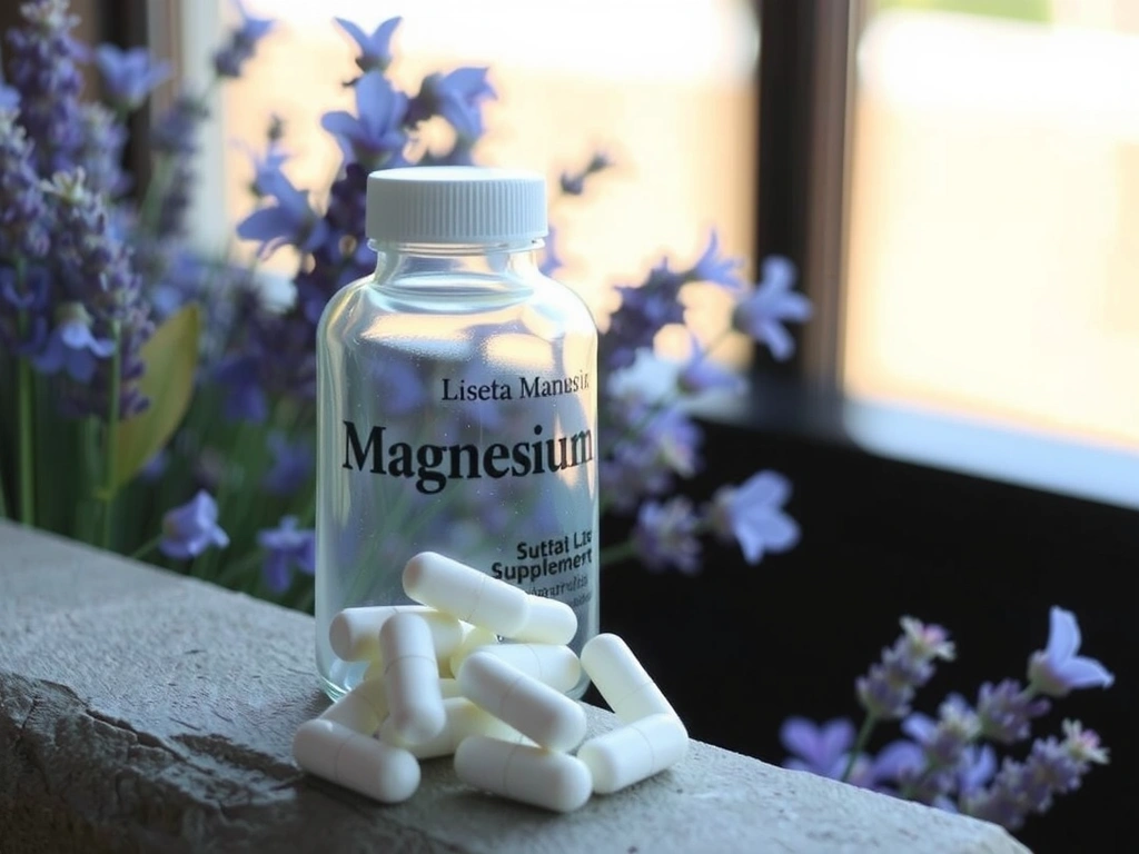 Frasco de suplemento de Magnesio sobre un fondo relajante.