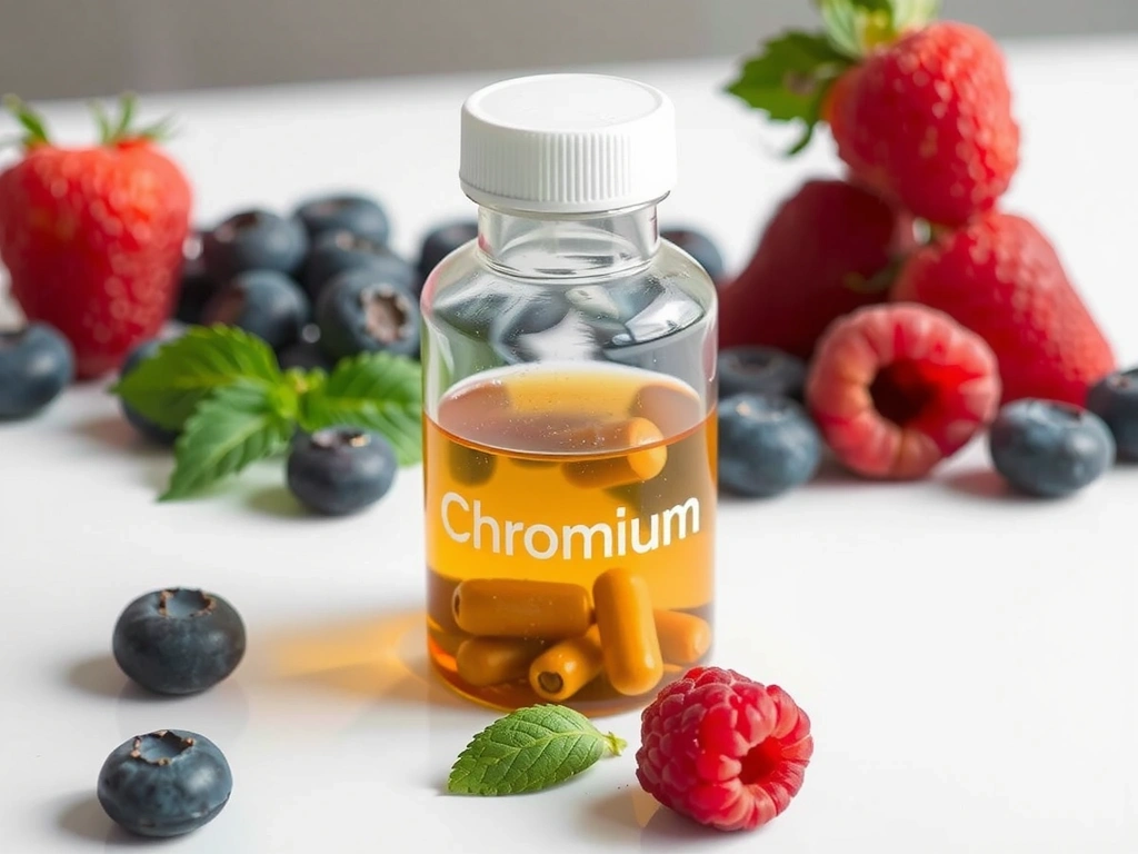 Frasco de suplemento de Cromo con fondo de frutas frescas.