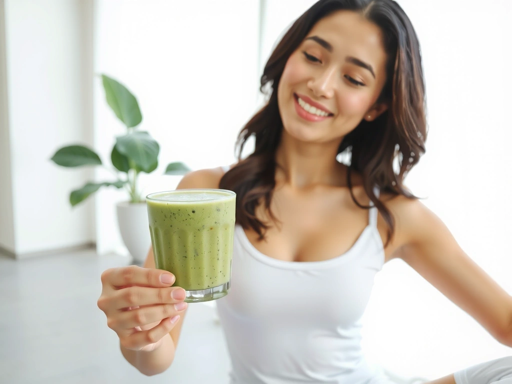 Mujer sonriendo y haciendo yoga, representando bienestar y salud.