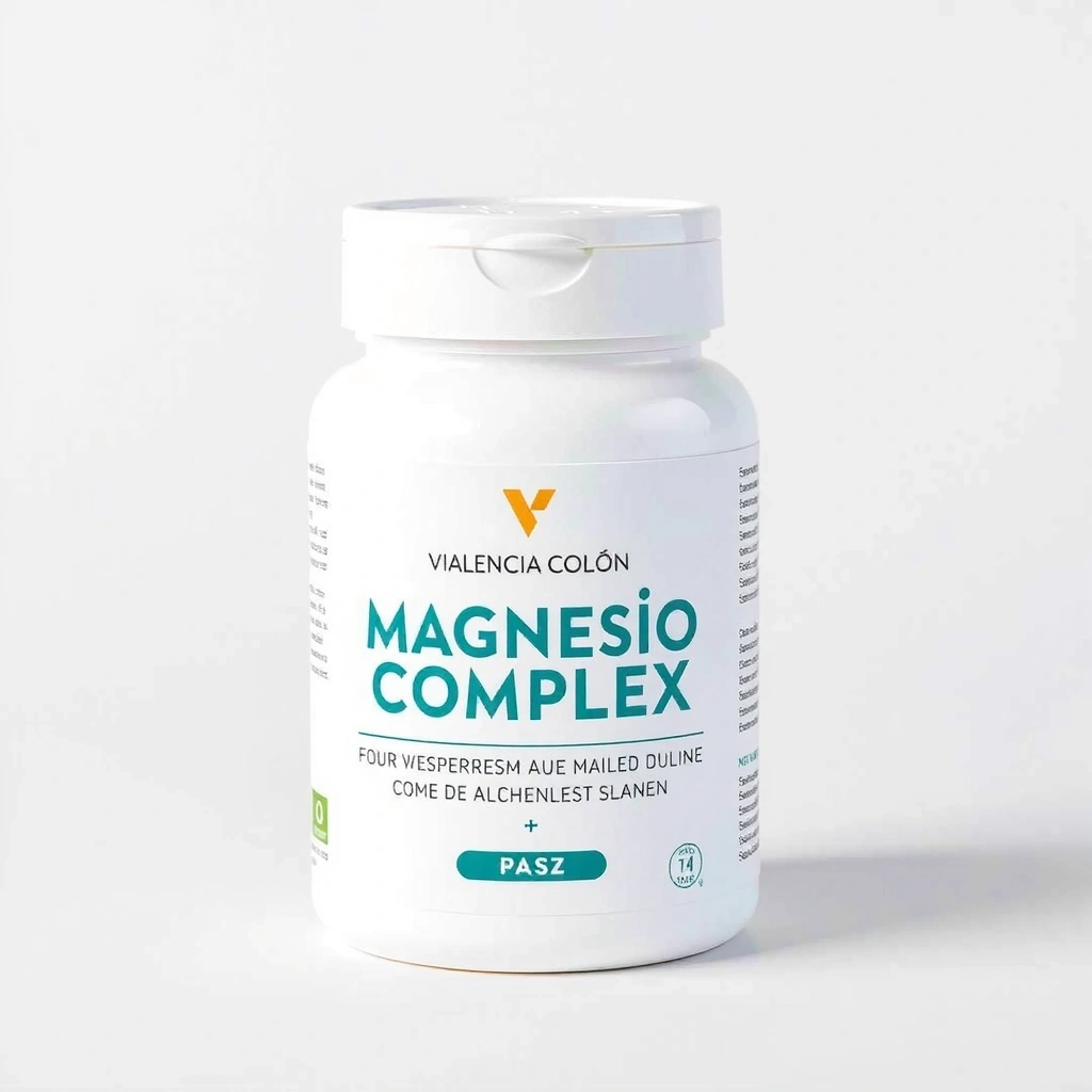 Envase de Magnesio Complex de Vitaminas Valencia Colón con un diseño moderno y minimalista