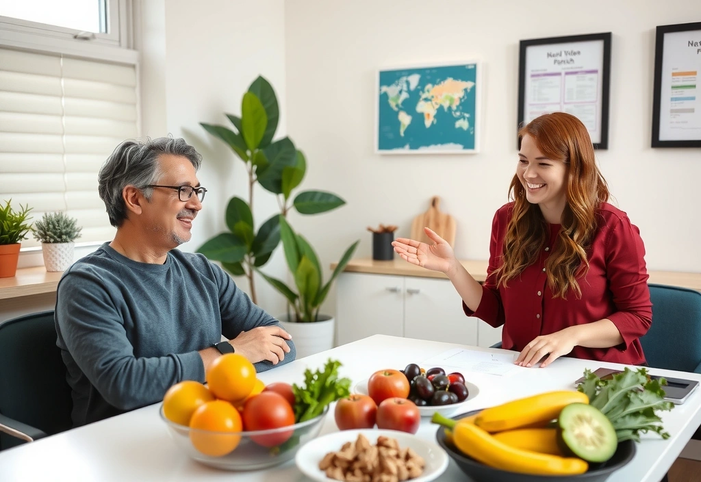 Nutricionista explicando un plan de alimentación a un cliente en una oficina moderna.